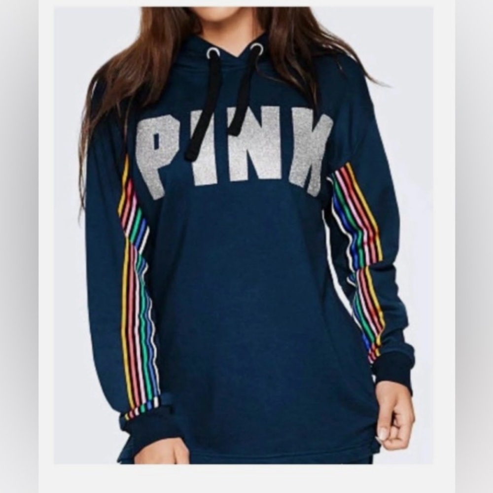 PINK Victoria's Secret Y2K Bling Campus Hoodie Blue & Rainbow Size Small